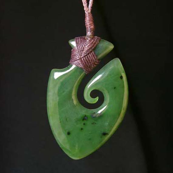 Green Jade Whale Tail Fish Hook Pendant NZ Maori Hei Matau